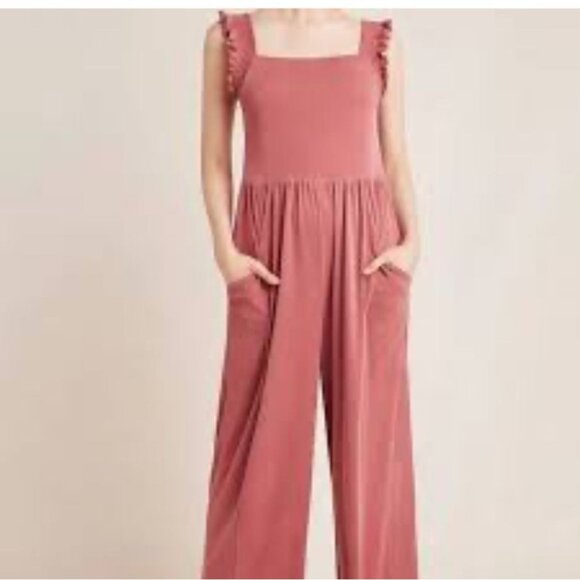 Saturday Sunday Anthropologie Mauve Jumpsuit W/ Smocked Ruffle Straps & Pockets - Picture 10 of 12